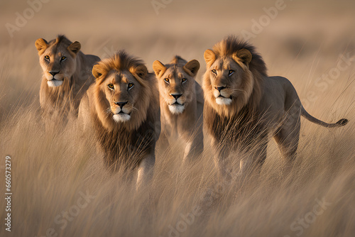 A pride of lions hunts their prey through the golden savannah grass at the verge of dusk in the middle of the African wilderness  capturing the wild beauty of nature s beautiful and ferocious hunters.