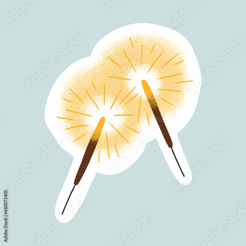 Bengal fire sparkle. New year sparkler candle isolated on white background. Vector illustration in doodle style. Christmas bright sparkler