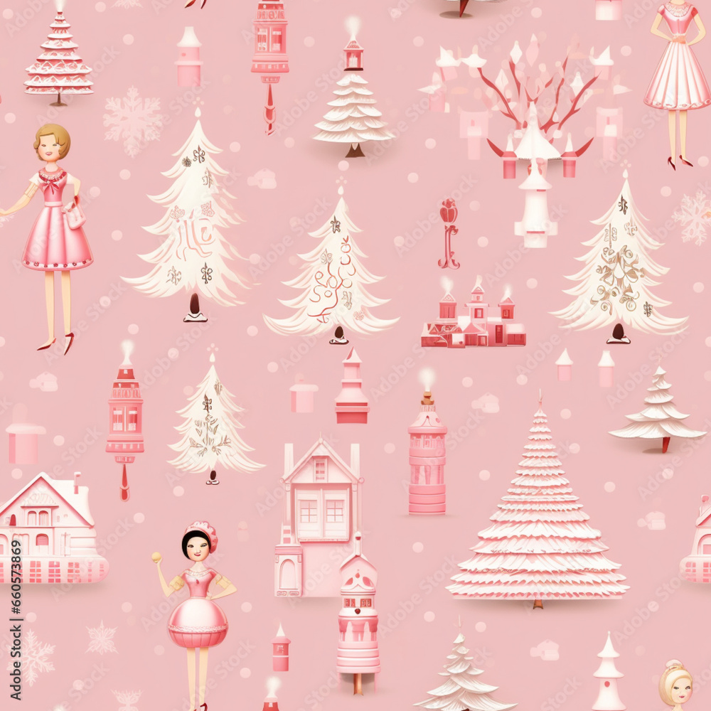 Retro Christmas seamless pattern, in pink tones with dolls, snowflakes, Christmas trees, doll house