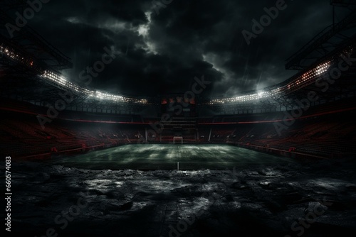 Dark stadium at night with no one around. Generative AI photo