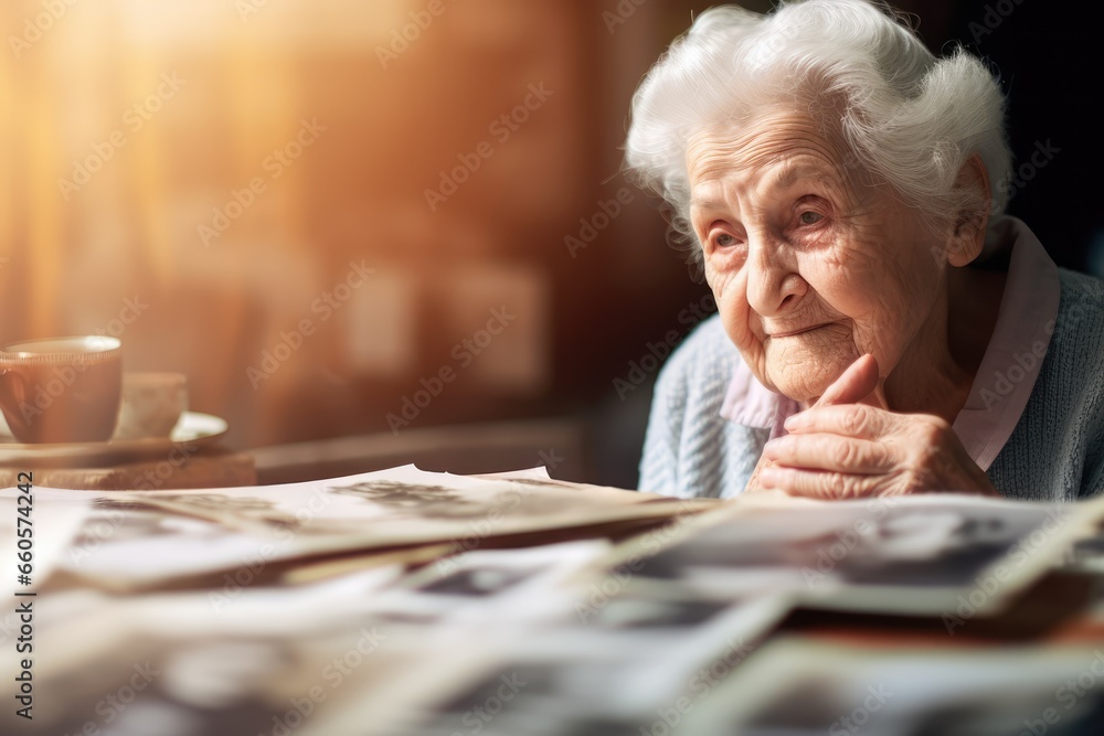 Elderly woman reminiscing while looking at old photographs - Deep-seated Human Emotion - AI Generated - obrazy, fototapety, plakaty 