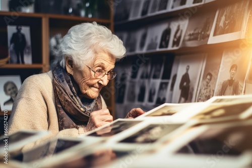 Elderly woman reminiscing while looking at old photographs - Deep-seated Human Emotion - AI Generated photo