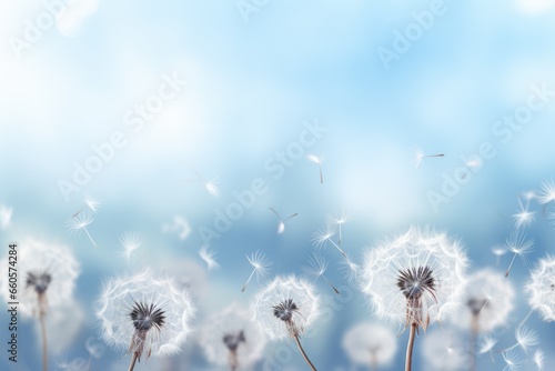 dandelion seeds floating against soft background for serene overlay - AI Generated