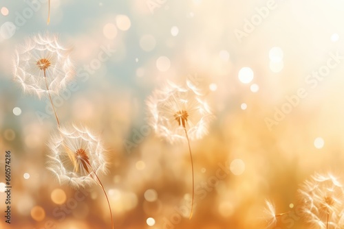 dandelion seeds floating against soft background for serene overlay - AI Generated © Arthur