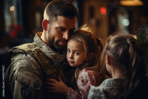 Soldier reuniting to his Family, hugging his daughter - Human Emotion - AI Generated
