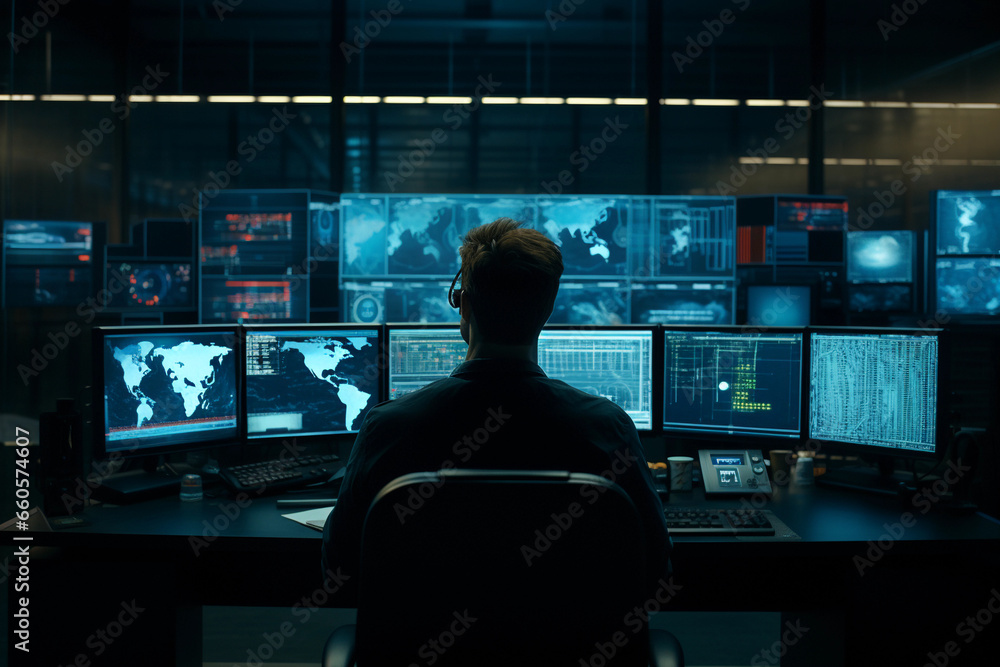 The man looks at the data monitors. The specialist works in the center for collecting, processing and monitoring information. Observation center. Analytical Center The man looks at the data monitors. The specialist works in the center for collecting, processing and monitoring information. Observation center. Analytical Center