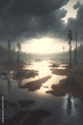 a vast swampy land with black water and trees scattered with an overcast sky gloomy swampland Metro Exodus photorealistic ultra detailed horror cinamatic lighting gloomy lighting 
