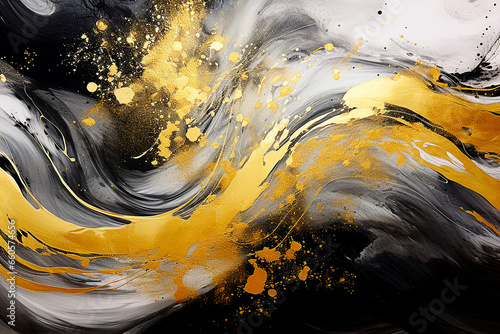 Black gray swirls gold painted splashes