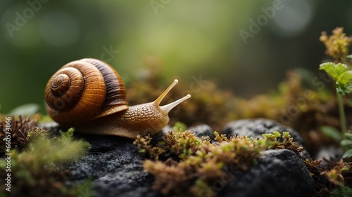 snail on a stone. Snail crawling on a stone in nature. Ai ganerated image © Icon