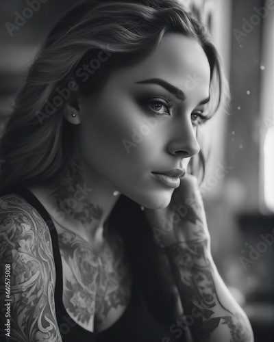 image of a beautiful woman with tattoos  darkly romantic illustration detailed beauty portrait  outlined art  illustration black outlining  goddess