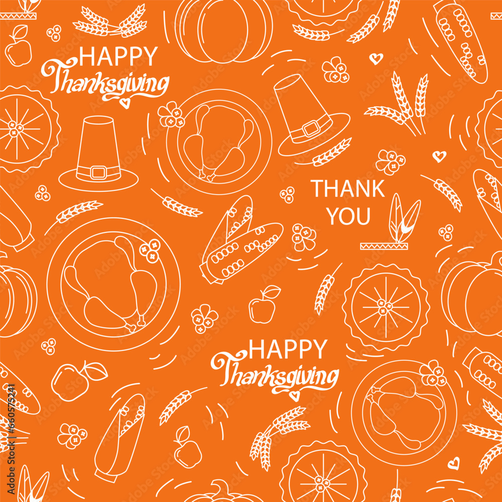 Thanksgiving elements are drawn with white lines on an orange background. Seamless pattern for wallpaper, background, websites, greeting background, wrapping paper, fashion prints, fabric, design Thanksgiving elements are drawn with white lines on an orange background. Seamless pattern for wallpaper, background, websites, greeting background, wrapping paper, fashion prints, fabric, design