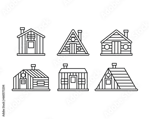 set of log cabin wood houses home simple line vector icon design collections modern cottage style