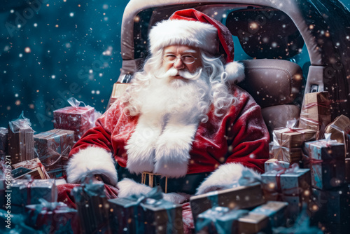 Santa Claus delivers presents. Santa Clause in the car full of gift boxes, Christmas shopping