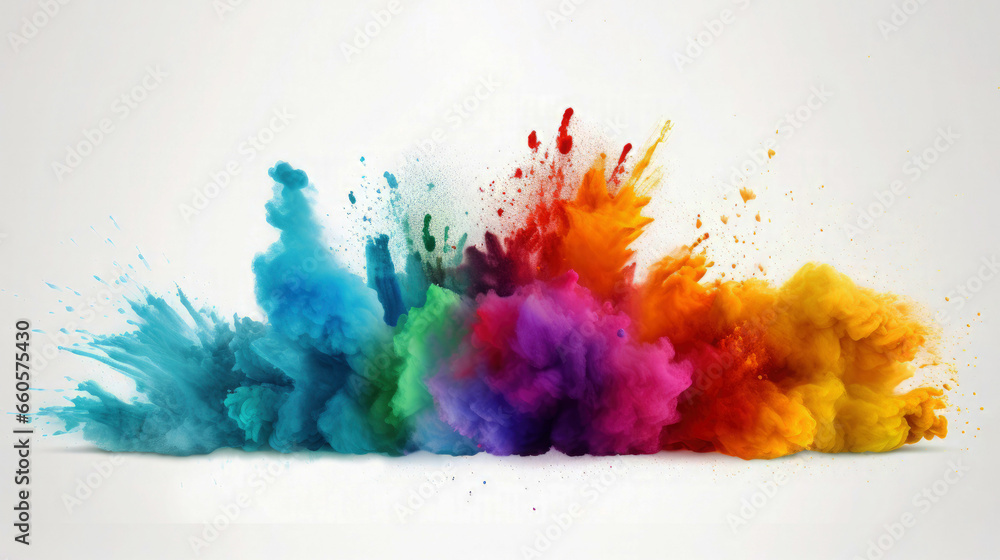 Exlosion of rainbow colored powder on white background