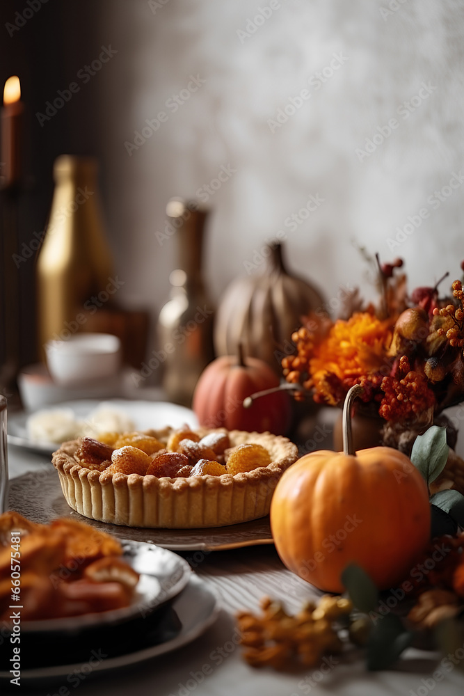 Naklejka premium Traditional American pumpkin pie on festive table decorated for Thanksgiving Day. Autumn plants and pumpkins as decoration