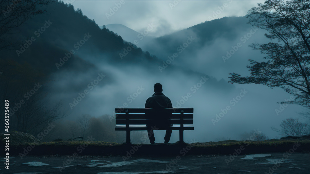 Silhouette of a man sitting on a bench in the fog