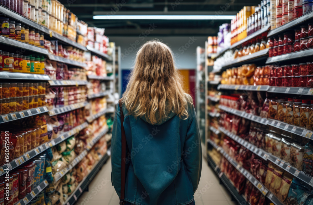 Woman looking at products inside a supermarket - obrazy, fototapety, plakaty 