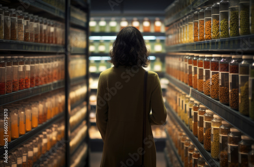 Woman looking at products inside a supermarket