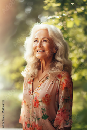 Cute elderly woman smiling against nature background. Generated by AI.