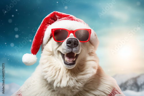 Polar bear with Santa Claus hat on Christmas © eyetronic