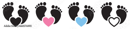 Set of baby footprints with heart, i love baby foot. Heart, baby foots. Baby feet icon. Vector.