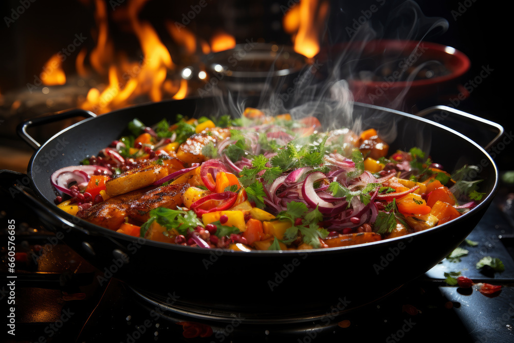 Stewed vegetables in a frying pan, vegetable ratatouille Stewed vegetables in a frying pan, vegetable ratatouille