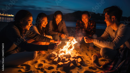 Group of friends relaxing around a campfire on the beach at night