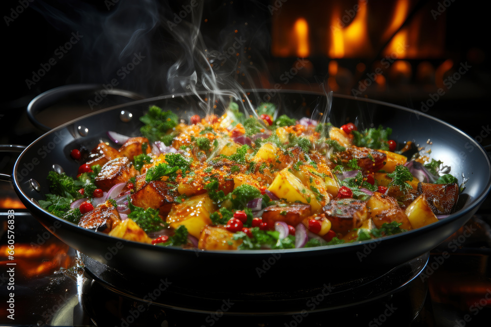 Stewed vegetables in a frying pan, vegetable ratatouille Stewed vegetables in a frying pan, vegetable ratatouille