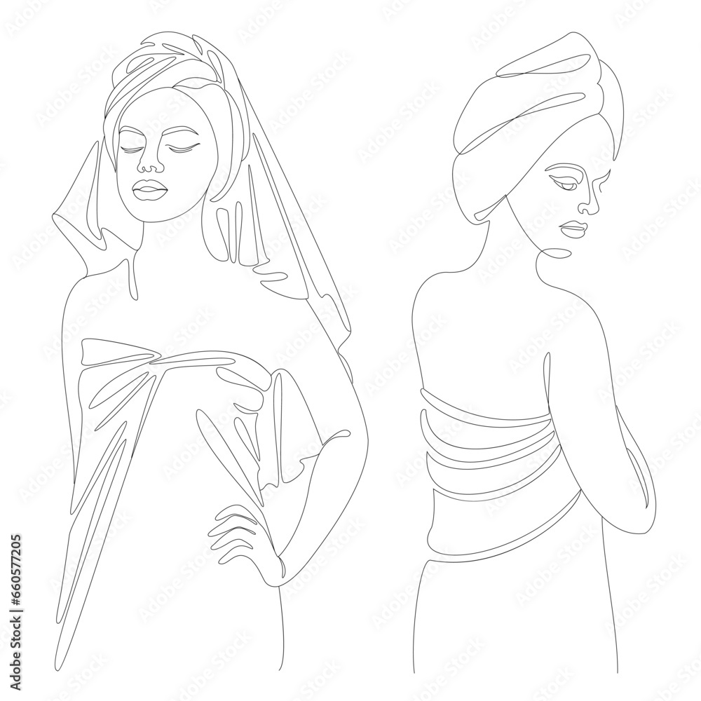 Collection. Girl silhouettes in modern continuous line style. A lady after a shower with a towel on her head. Outline for decor, posters, wall art, stickers, logo. Vector illustration set. Collection. Girl silhouettes in modern continuous line style. A lady after a shower with a towel on her head. Outline for decor, posters, wall art, stickers, logo. Vector illustration set.
