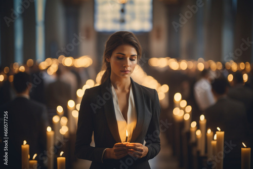 In a modern city chapel  a busy businesswoman  still in her professional attire  bows her head in fervent prayer  the soft candlelight and gleaming brass fixtures providing a contr 