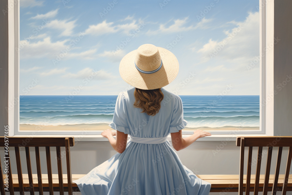 In a tranquil seaside chapel, a woman in a flowing sundress and sun hat sits on a wooden pew, her eyes closed in silent reflection, with the soothing sound of ocean waves lapping a 
