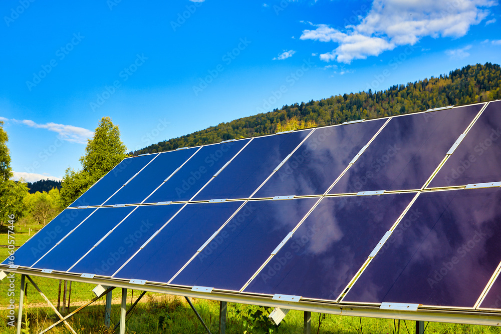 Modern new and efficient blue solar panels are installed to store