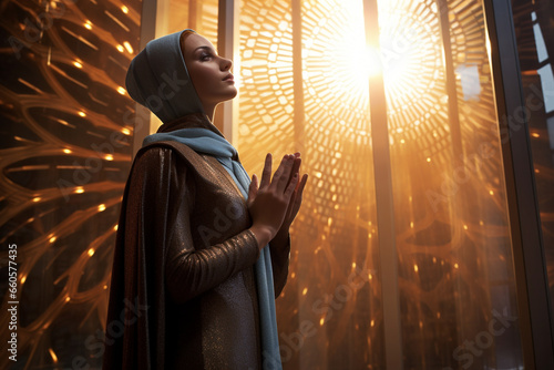 In a modern city mosque, a busy woman in traditional clothing stands in deep devotion, her hands raised in prayer, as she engages in a moment of spiritual reflection within the con 