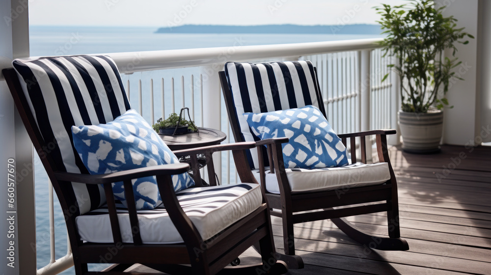 Fototapeta premium Empty Beach chair on hotel balcony with sea view