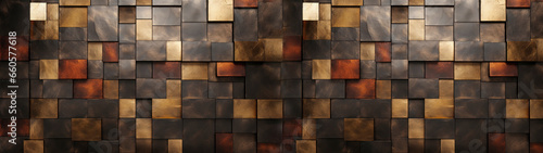 Metal as brown  dark orange and golden blocks  closeup of mosaic squares  graphics for backgrounds  wallpaper  texture.