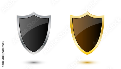 3d shield set with gold and silver shiny metal frames. Safety and protection vintage heraldic shields. Vector illustration.