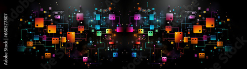 Geometric colored shapes like tetris, connected with lines on black background, banner, texture photo