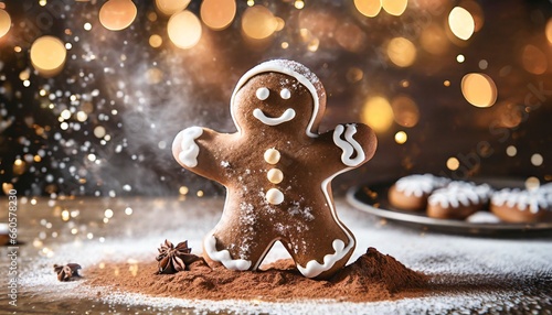 Gingerbread man jumping around in cocoa with Christmas cookies Christmas theme photo