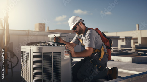 Air Conditioning Repair, repairman on the rooftop fixing air conditioning system. photo