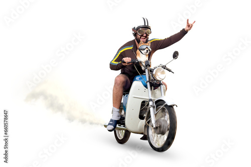 Funny, crazy man riding a vintage moped with his dog