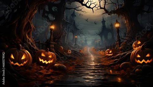 Path surrounded by jack o'lanterns 