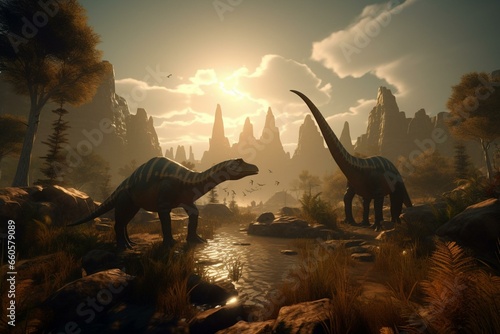 3D rendered illustration of dinosaurs in a valley. Generative AI