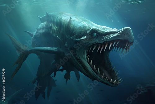 Concept art for a terrifying deep-sea creature resembling a monstrous whale, with skeletal features, sharp teeth, and an eerie presence in the underwater abyss. Generative AI © Rowan