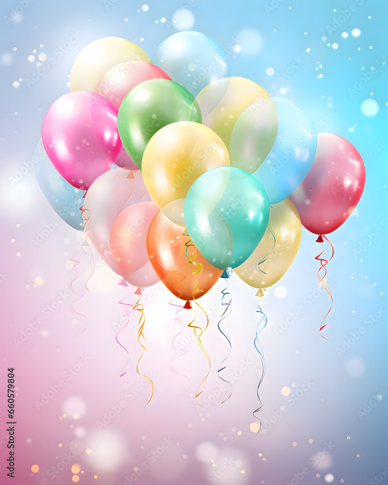 Festive rainbow color balloons and confetti on a pastel background celebration theme Festive rainbow color balloons and confetti on a pastel background celebration theme