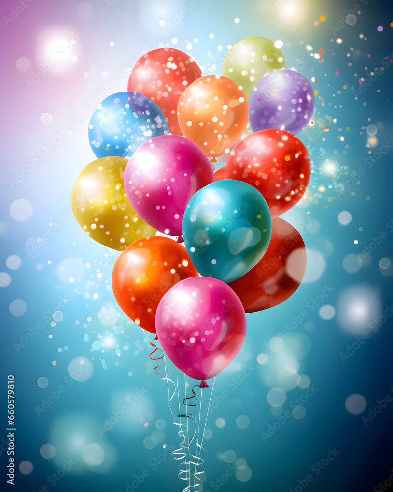 Festive rainbow neon color balloons and confetti on a color background celebration theme
