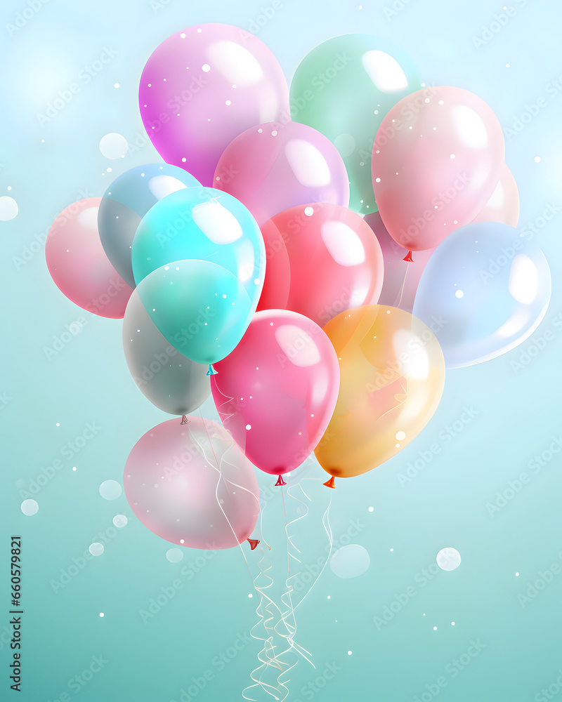 Festive rainbow color balloons and confetti on a pastel background celebration theme