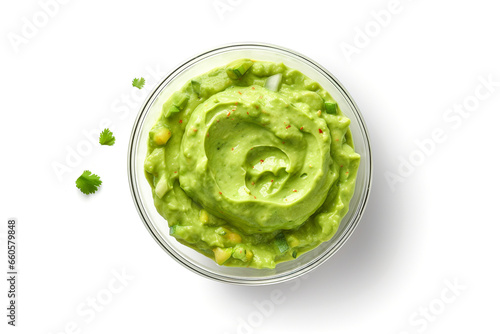 Guacamole in souce bowle on white background, top view