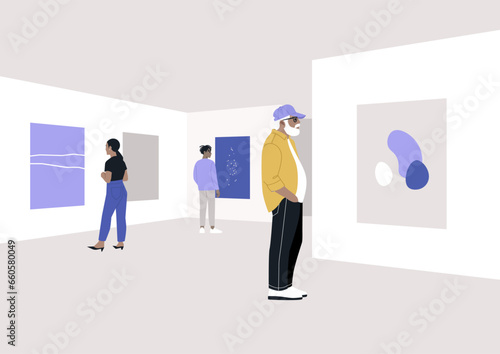 The opening of an art gallery exhibition, where a varied crowd of attendees gathers to explore abstract paintings and contemporary artworks