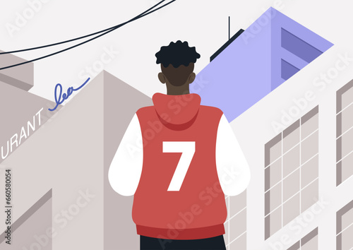 A character with an afro hairstyle, seen from behind, sporting a bomber jacket featuring the number 7 on the back, situated in the bustling urban landscape of a city center surrounded by skyscrapers