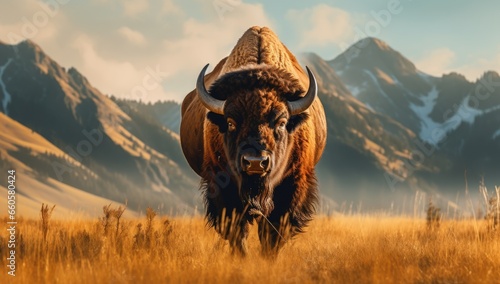 a large bison stands in the grass with a background of mountains Generative AI